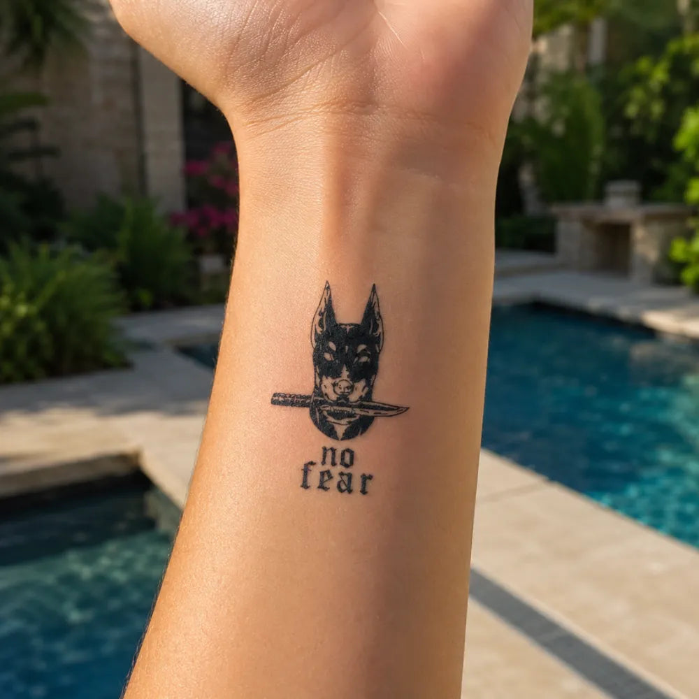 SafeTatt — Doberman with Dagger · fotografie tetování na kůži