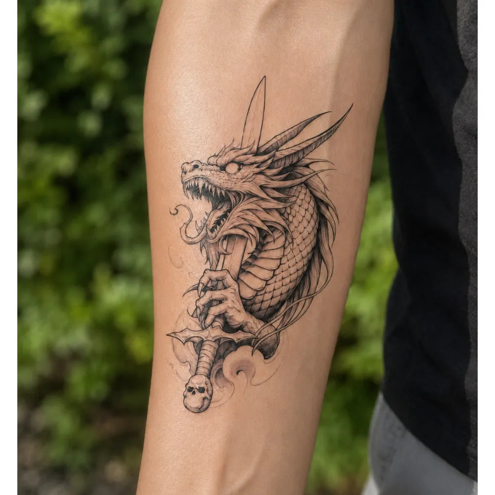 SafeTatt — Dragon Sword · fotografie tetování na kůži