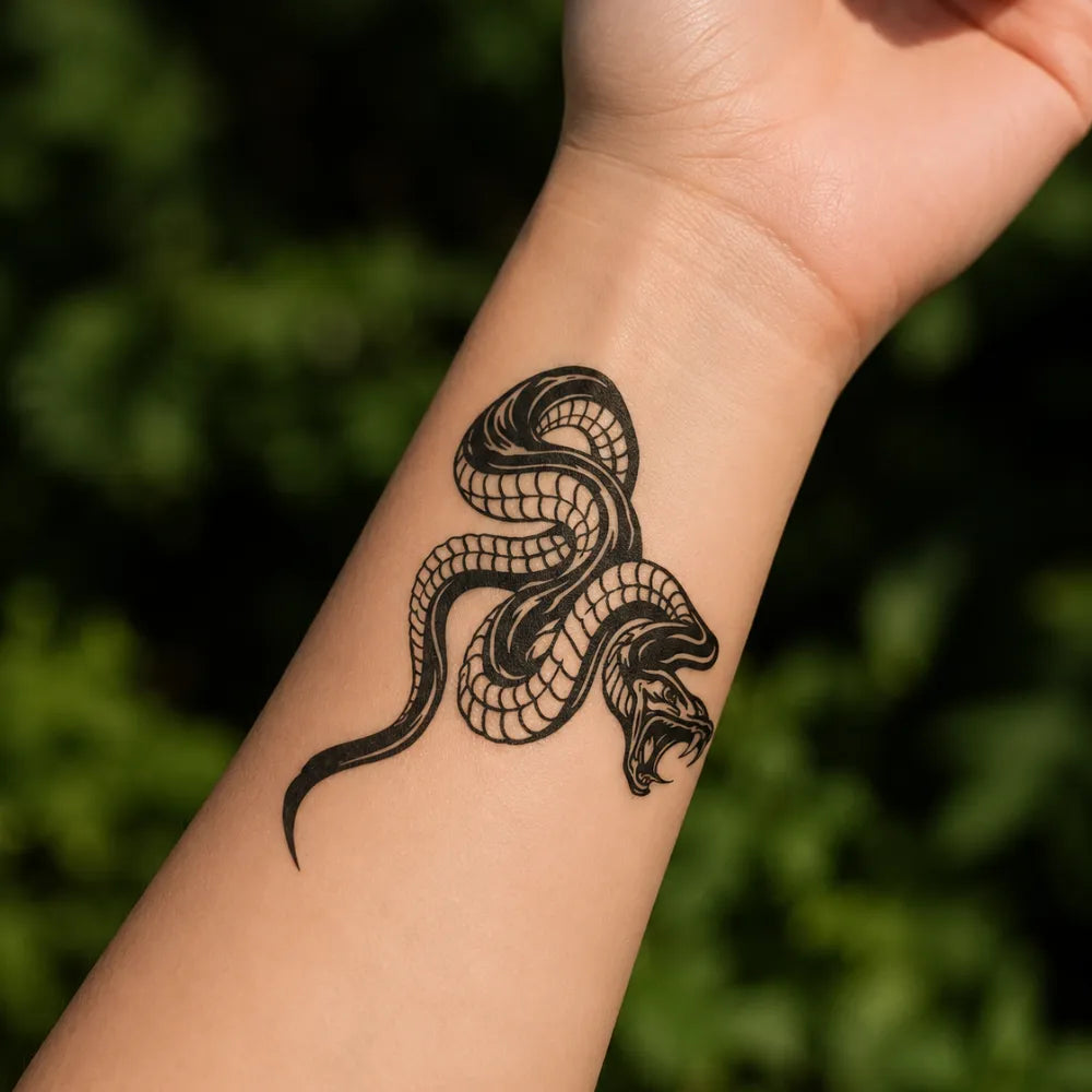 SafeTatt — Coiled Strike Serpent · fotografie tetování na kůži